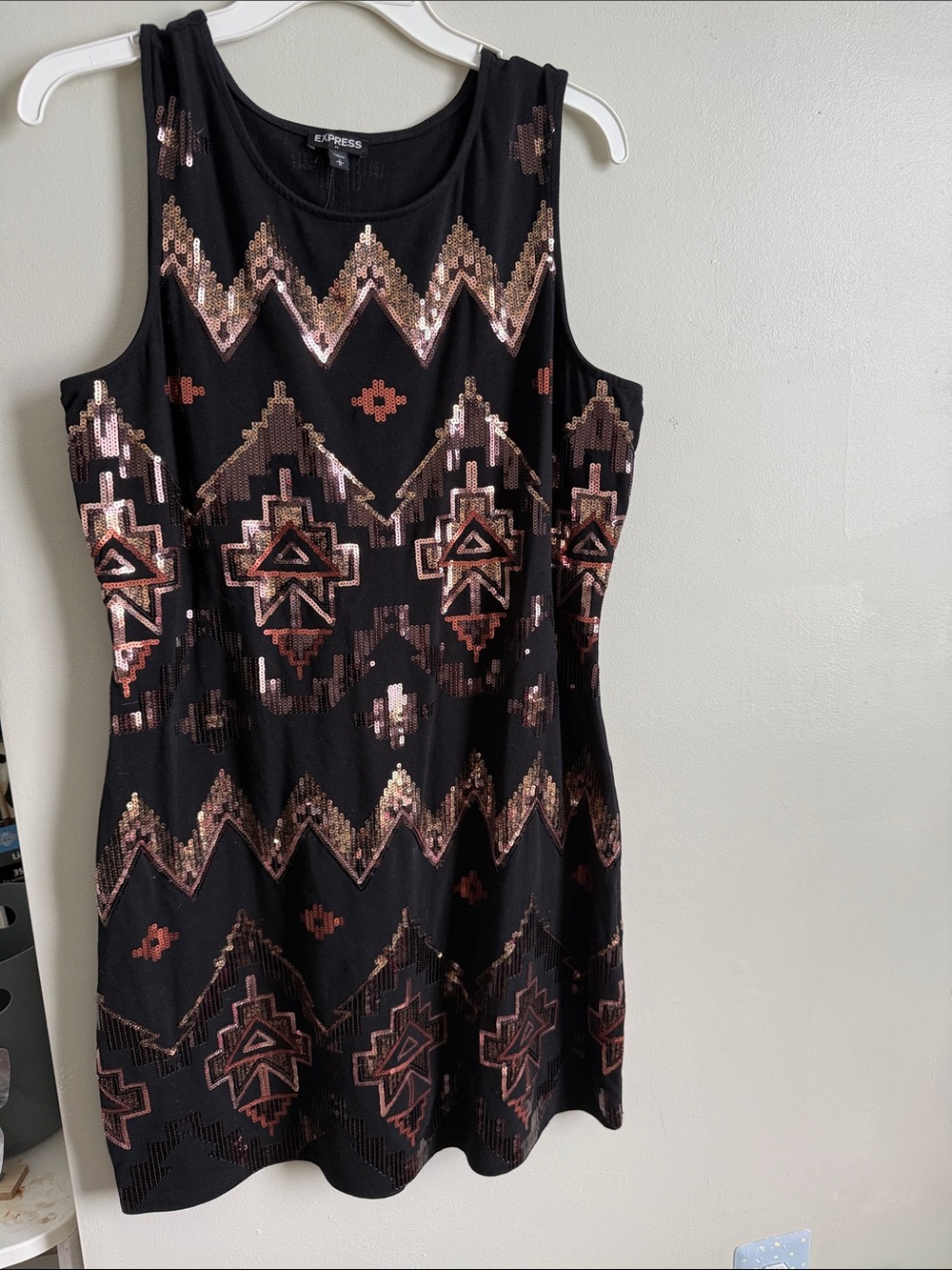 Express Black Dress with Rose Gold and Bronze Sequin Aztec Pattern
